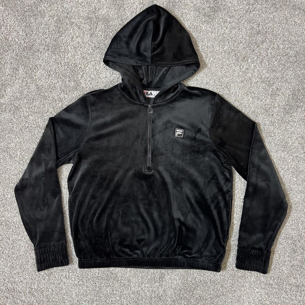 FILA Hoodie Womens Medium Black Velour 1/2 Zip Pullover Logo Pockets Soft Casual